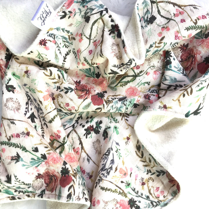Fable Floral Organic Lovey - Handmade - Original Design - Muslin  and Fleece - Baby Girl - Baby Shower Gift - Blanket - Two Sizes - Girl