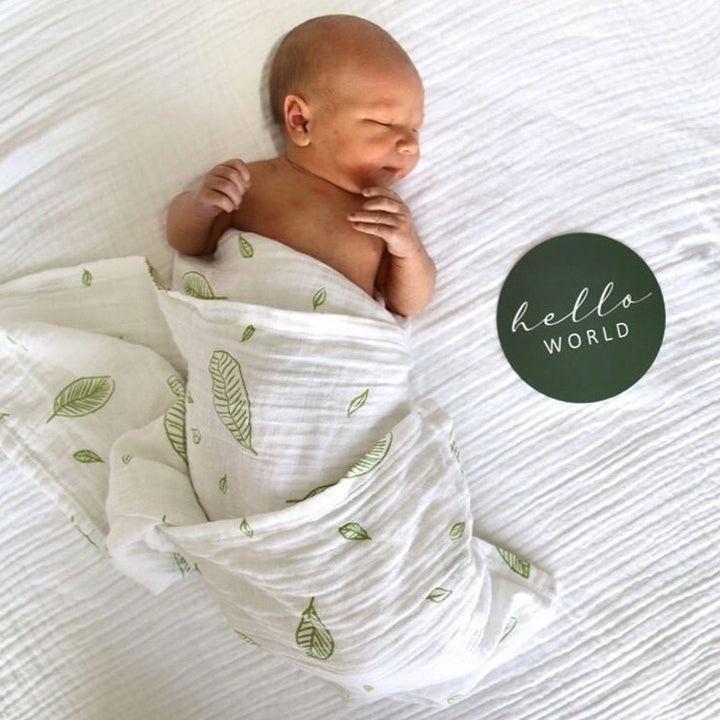 Organic Cotton Large Baby Muslin Wrap - Green Leaves