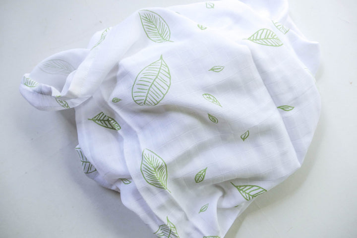 Organic Cotton Large Baby Muslin Wrap - Green Leaves