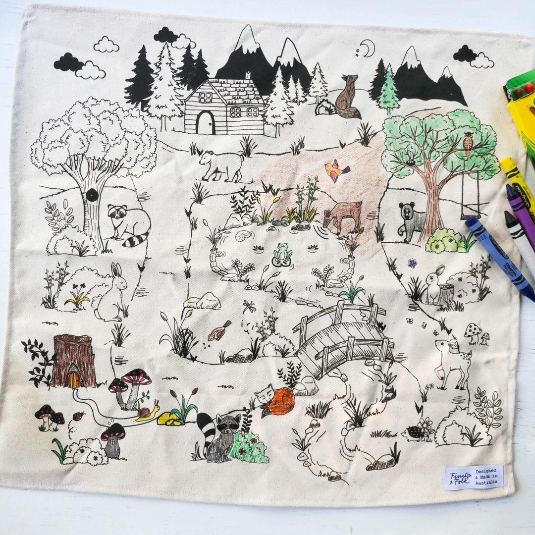 Fabric Colouring Cloth Mat - I-Spy Woodland- TWO Sizes - Wash and Use Again and Again !