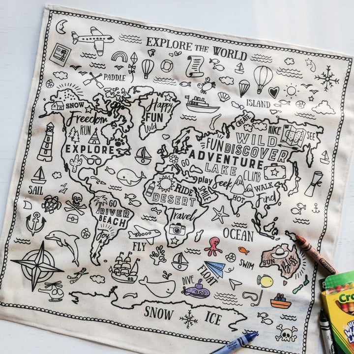 Fabric Colouring Cloth Mat - World Explorer - TWO Sizes - Wash and Use Again and Again !