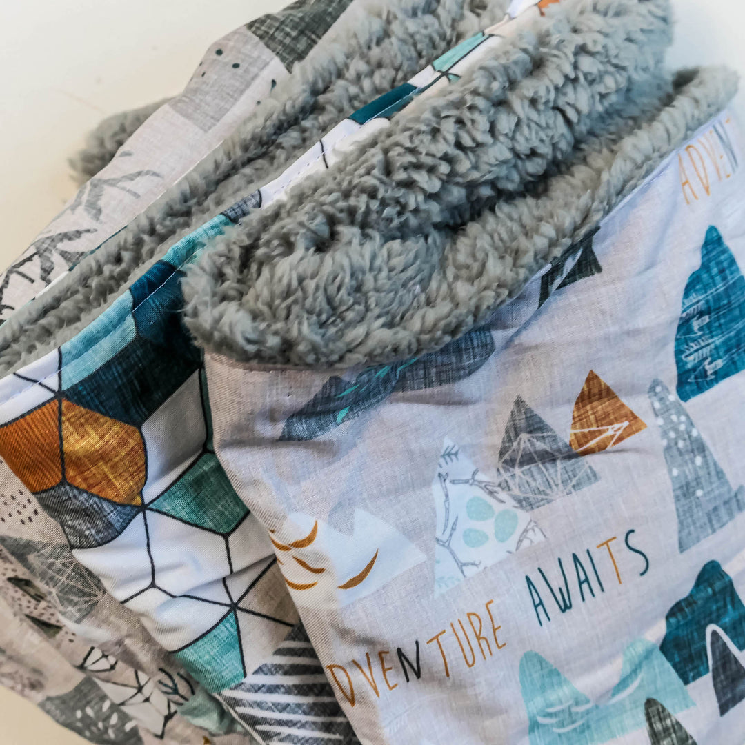 Handmade Quilted Minky & Cotton Large Blanket - Adventure Awaits - Grey