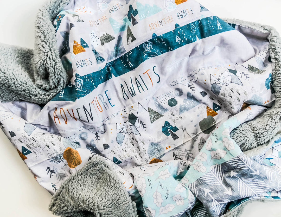 Handmade Quilted Minky & Cotton Large Blanket - Adventure Awaits - Grey