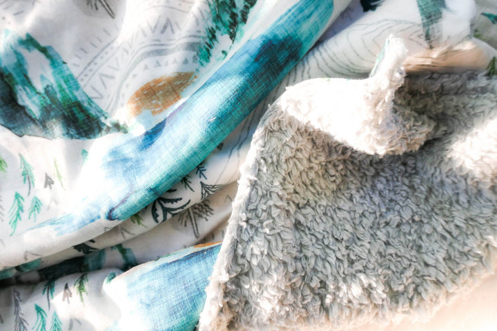 100% Organic Cotton Sherpa Knit Blanket - Blue Valley of the Suns - Handmade in Australia