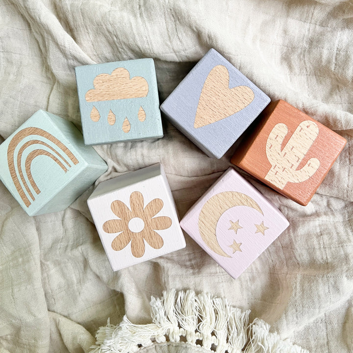 Hand Painted Wooden Blocks Pastel Colours - Beautiful 5cm Beech Wood and Non Toxic Paint Water Based Paint - WITH LETTERS