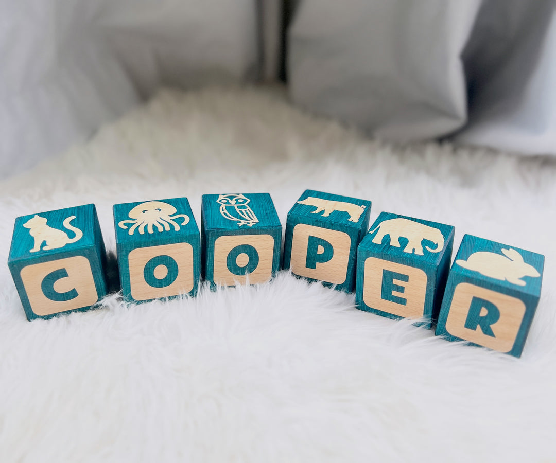 BEST SELLING Custom Personalised Wood Blocks - PICTURE MATCH - Wooden Toy - Hand Painted - Non Toxic - Personalized - Montessori - BLOCK Font