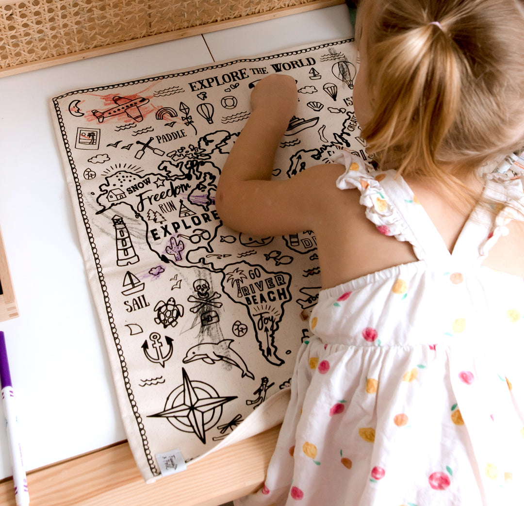 Fabric Colouring Cloth Mat - World Explorer - TWO Sizes - Wash and Use Again and Again !