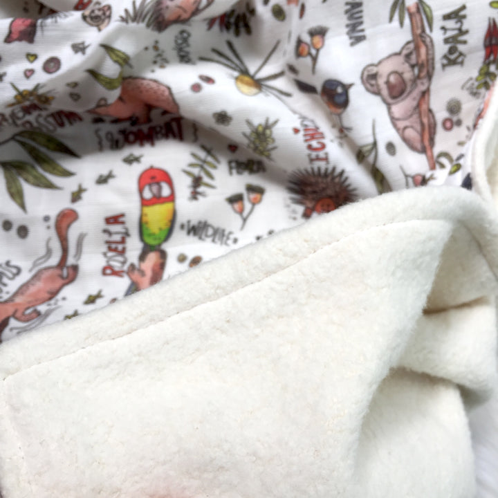 Handmade Organic Comforter Lovey - Can be Personalised - Aussie Animals - Organic Muslin and Sherpa