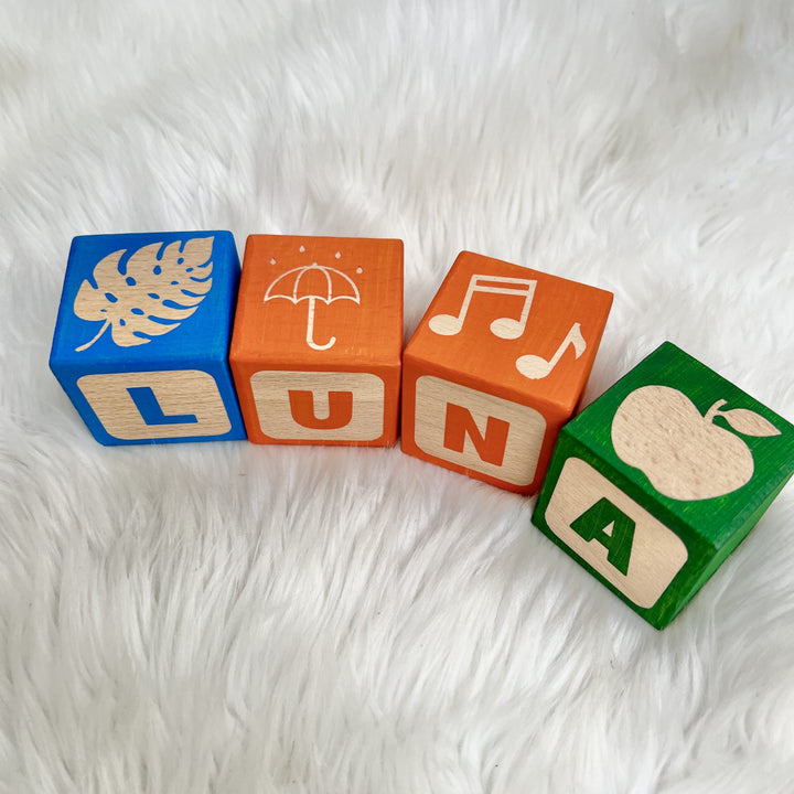 BEST SELLING Custom Personalised Wood Blocks - PICTURE MATCH - Wooden Toy - Hand Painted - Non Toxic - Personalized - Montessori - BLOCK Font