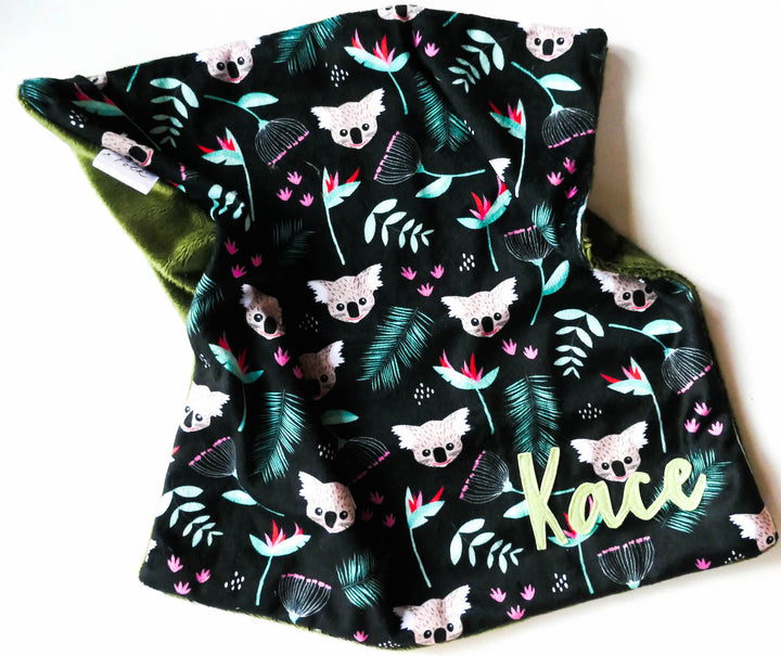 Koala on Black Minky / Comforter / Lovey - Handmade - Can be Personalised