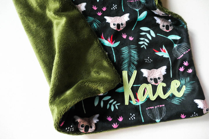 Koala on Black Minky / Comforter / Lovey - Handmade - Can be Personalised