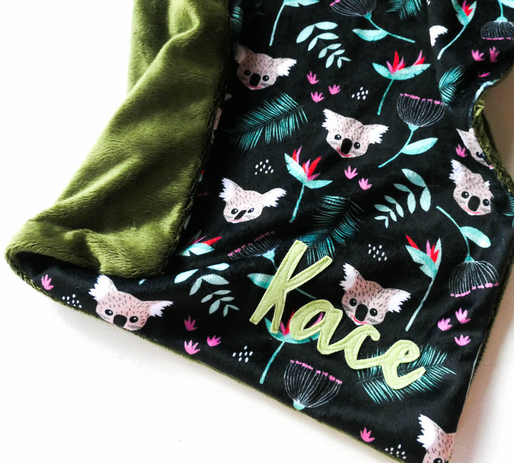 Koala on Black Minky / Comforter / Lovey - Handmade - Can be Personalised