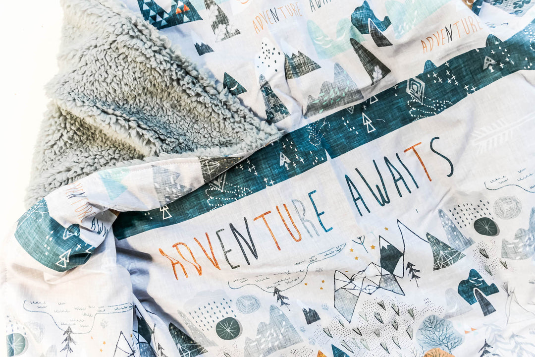 Handmade Quilted Minky & Cotton Large Blanket - Adventure Awaits - Grey