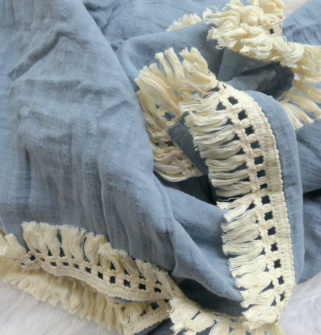 Ready to Post Blue Fringed Swaddle - Extra Large - Organic Cotton