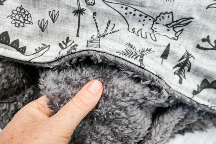 100% Organic Cotton Sherpa Knit Blanket - Grey Dinosaur - Handmade in Australia