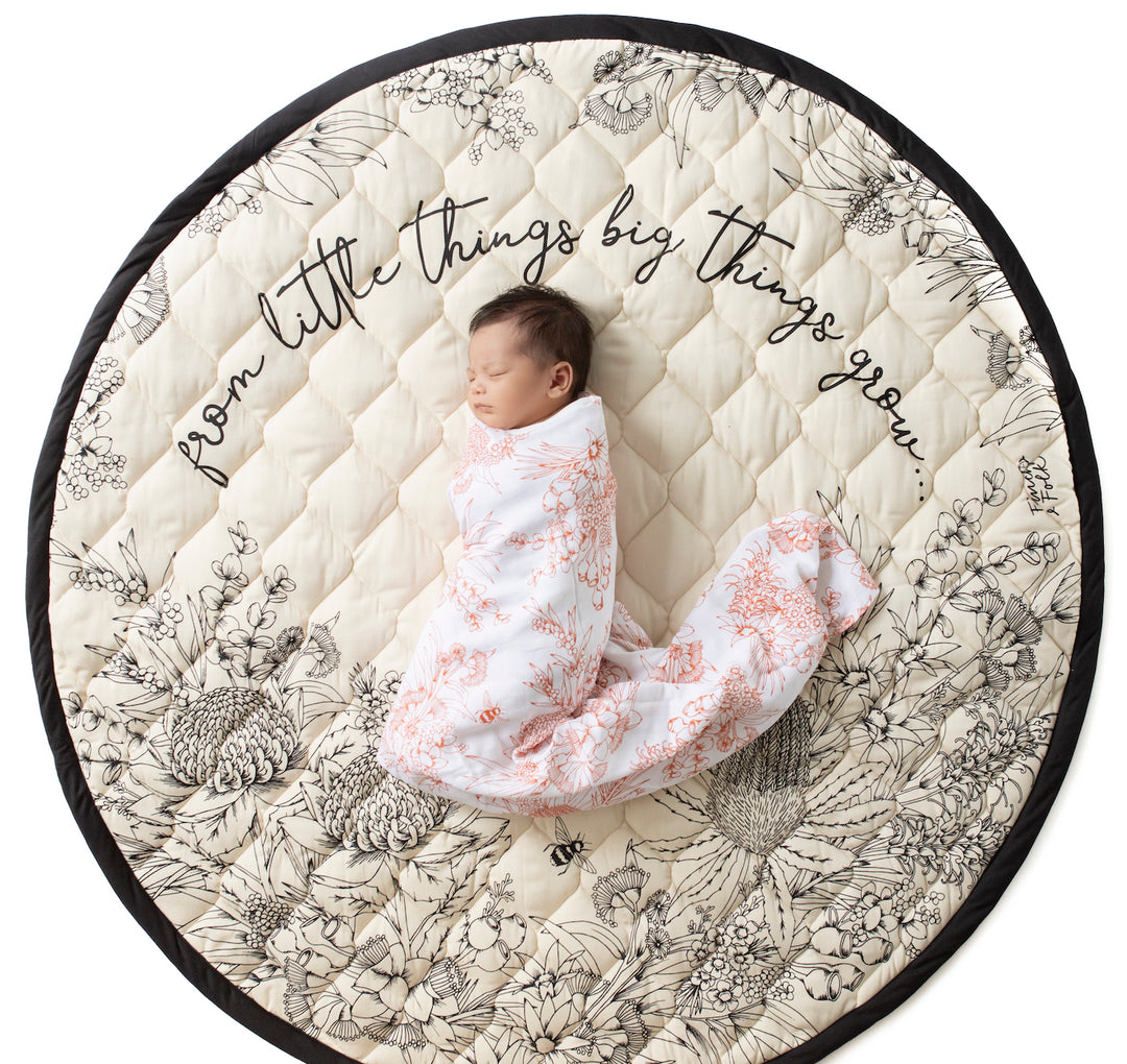 From Little Things Play Mat - Neutral & Black - Native Australian Flora - GOTS Certified Organic - Nursery Rug