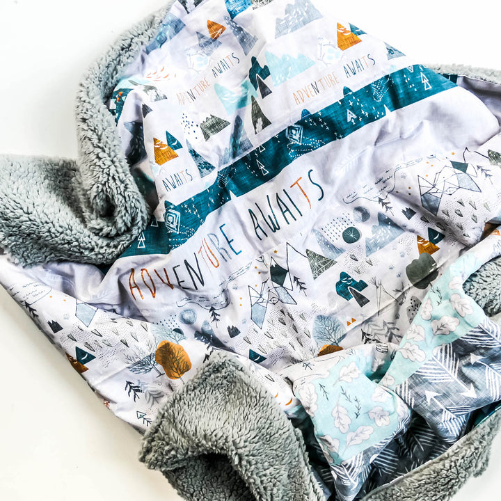 Handmade Quilted Minky & Cotton Large Blanket - Adventure Awaits - Grey