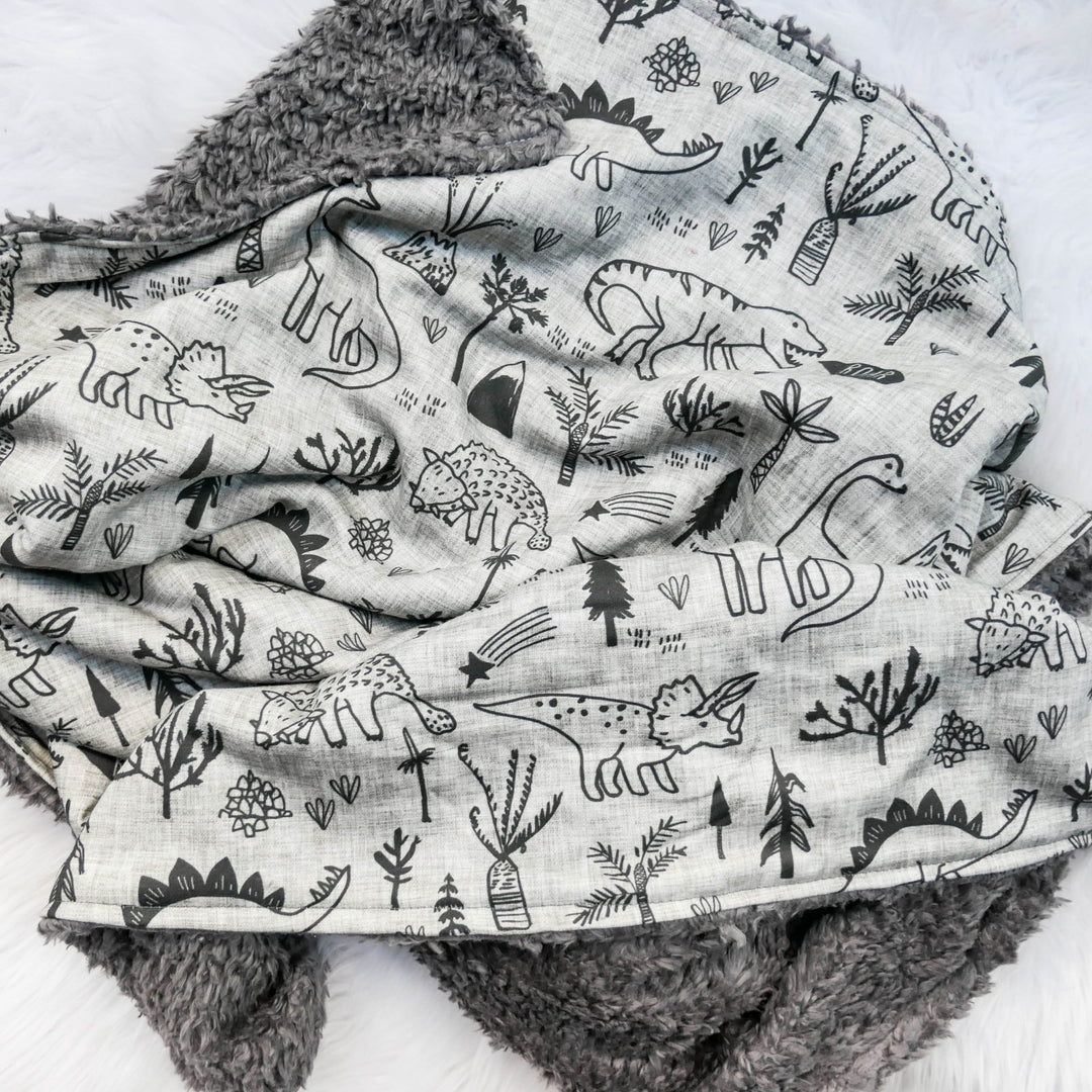 100% Organic Cotton Sherpa Knit Blanket - Grey Dinosaur - Handmade in Australia