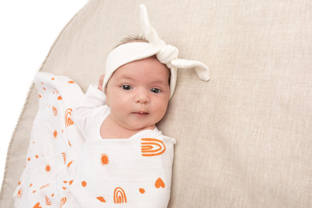 Organic Swaddle Baby Wrap - Desert Days - Rust Orange - Gender Neutral - Baby Blanket - New Baby Gift - Baby Shower - Add Fringe