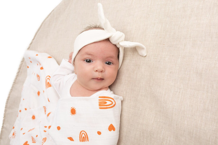 Organic Swaddle Baby Wrap - Desert Days - Rust Orange - Gender Neutral - Baby Blanket - New Baby Gift - Baby Shower - Add Fringe