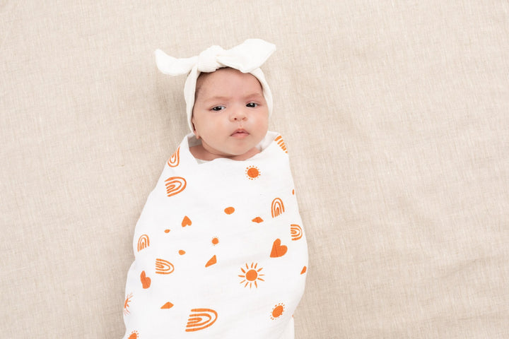 Organic Swaddle Baby Wrap - Desert Days - Rust Orange - Gender Neutral - Baby Blanket - New Baby Gift - Baby Shower - Add Fringe