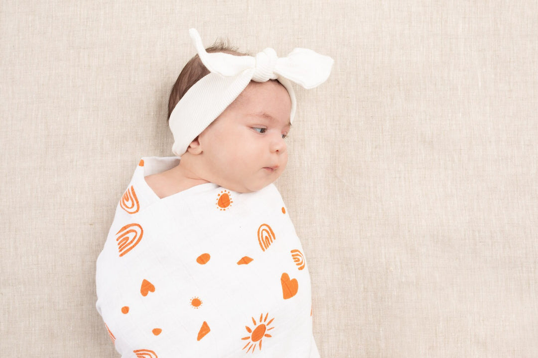 Organic Swaddle Baby Wrap - Desert Days - Rust Orange - Gender Neutral - Baby Blanket - New Baby Gift - Baby Shower - Add Fringe