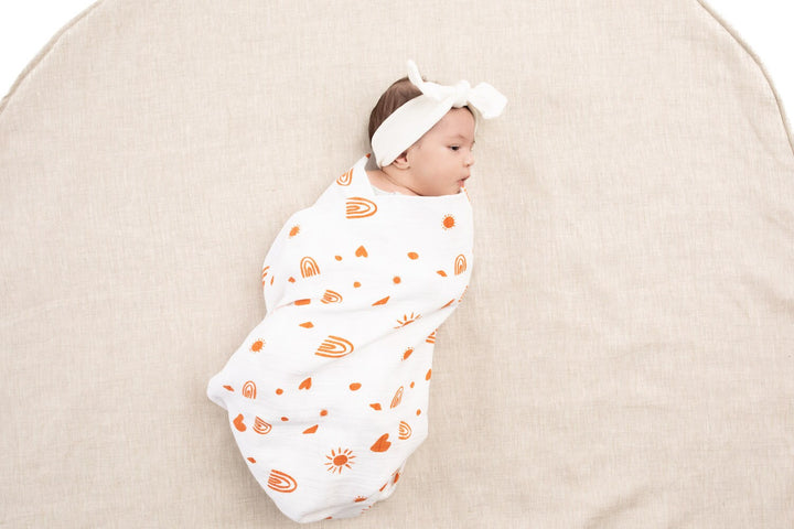 Organic Swaddle Baby Wrap - Desert Days - Rust Orange - Gender Neutral - Baby Blanket - New Baby Gift - Baby Shower - Add Fringe