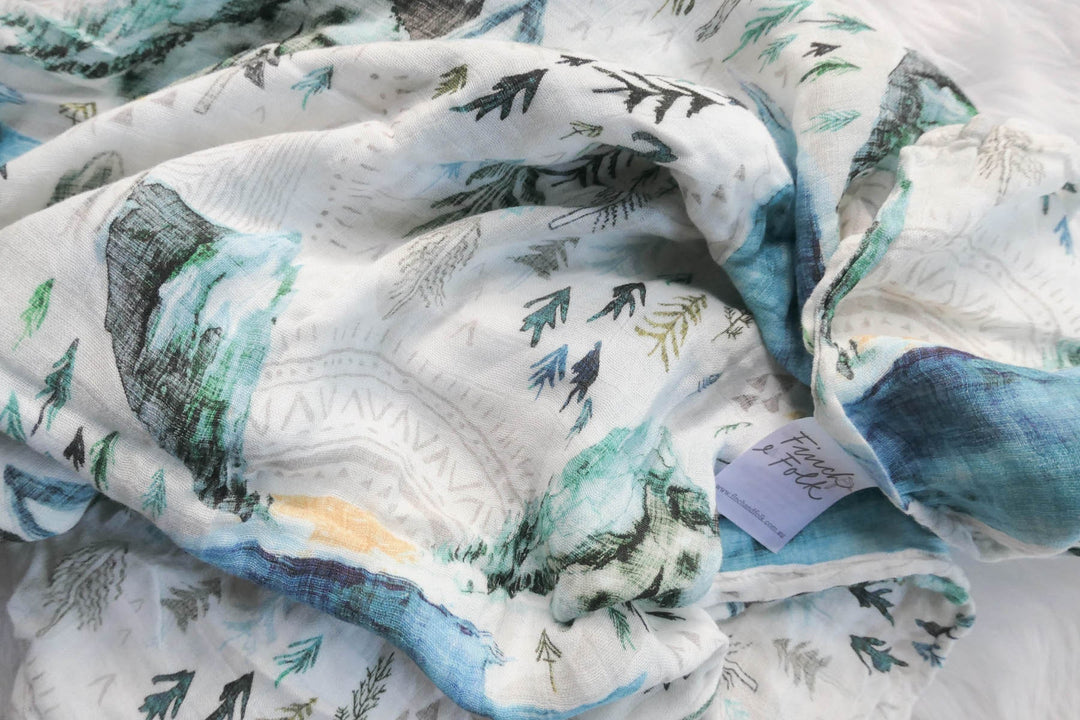 Swaddle Blanket - Bamboo Muslin - Mountain Valley - Baby Wrap - Gender Neutral - Forest - Nature - Baby Gift - Baby Shower - Unisex