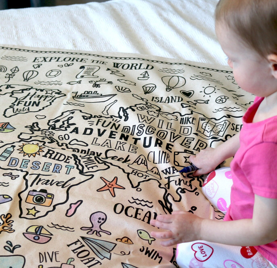 RTS World Explorer Colour In Fabric Play Mat - Organic - Wall Hanging - Playmat - Toddler Colouring - TWO sizes - Wash & Reuse - Handmade