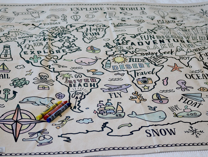 RTS World Explorer Colour In Fabric Play Mat - Organic - Wall Hanging - Playmat - Toddler Colouring - TWO sizes - Wash & Reuse - Handmade