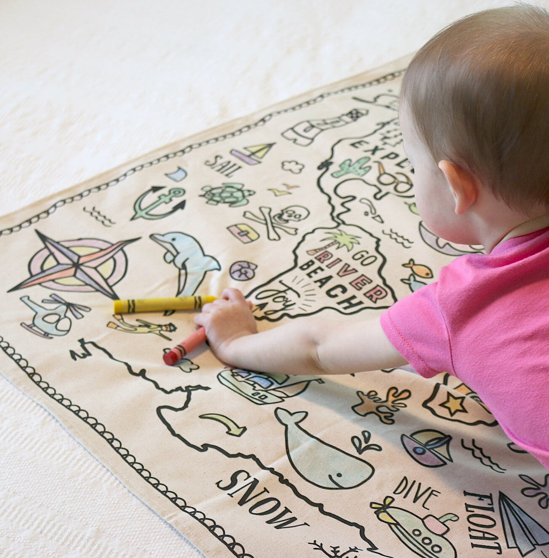 RTS World Explorer Colour In Fabric Play Mat - Organic - Wall Hanging - Playmat - Toddler Colouring - TWO sizes - Wash & Reuse - Handmade