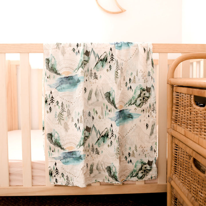 Swaddle Blanket - Bamboo Muslin - Mountain Valley - Baby Wrap - Gender Neutral - Forest - Nature - Baby Gift - Baby Shower - Unisex