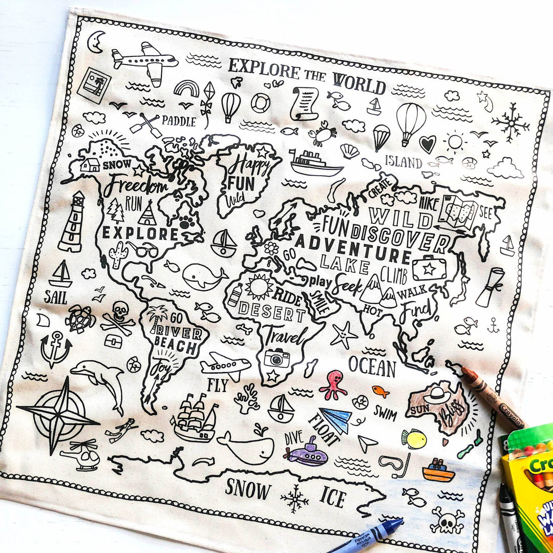 RTS World Explorer Colour In Fabric Play Mat - Organic - Wall Hanging - Playmat - Toddler Colouring - TWO sizes - Wash & Reuse - Handmade