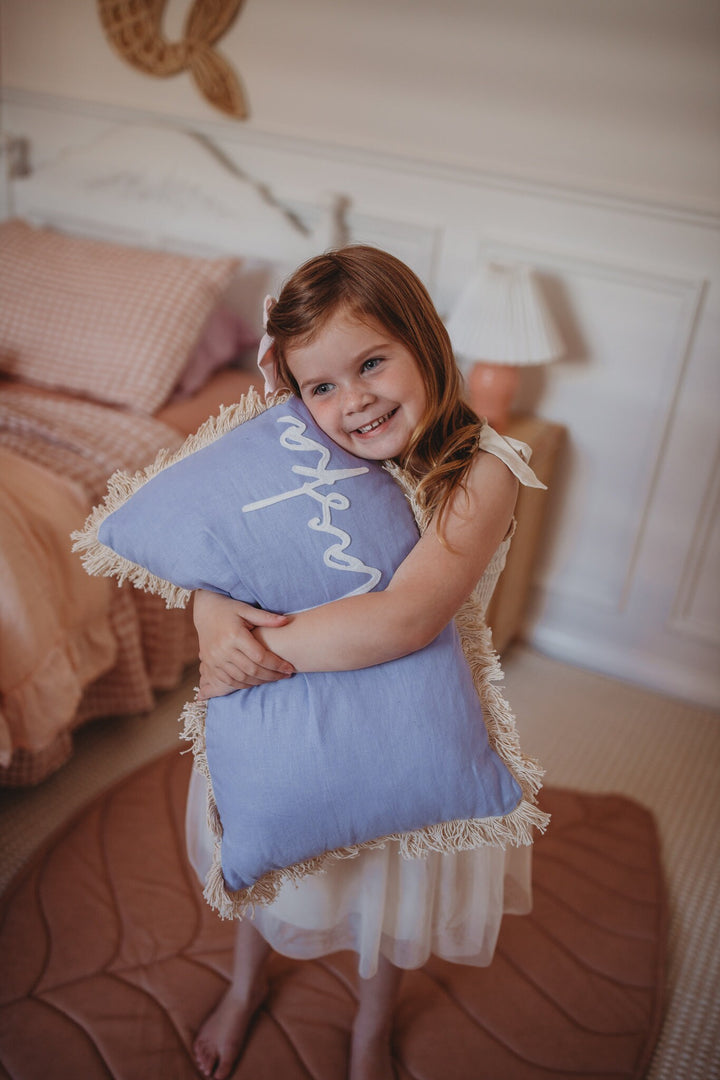 Personalised Lilac - Linen - Handmade Cushion. Australian Handmade. Cover + Insert. Zip Back. Nursery Decor. Kids Room. Gold. Baby Gift