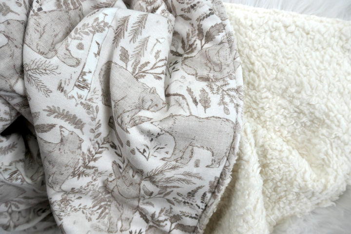 RTS Organic Sherpa Baby Blanket - Brown Bears - Neutral - Stroller, Crib, Cot Blanket, Handmade in Australia, 100% Organic, Ships NOW!