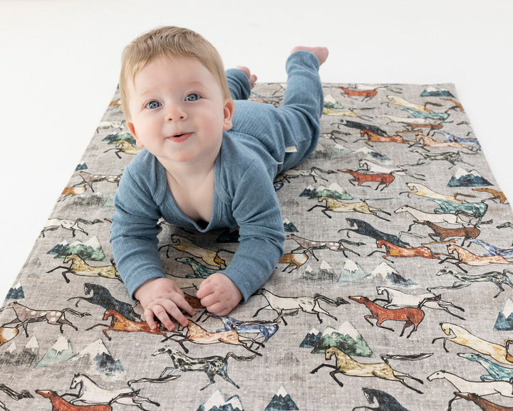 RTS Wild Horses Organic Cotton Handmade Mini Play Mat - Travel Mat - Gender Neutral - Padded - Posts Now - Baby Shower Gift - Unisex - Rug