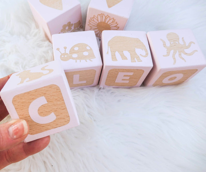 BEST SELLING Custom Personalised Wood Blocks - PICTURE MATCH - Wooden Toy - Hand Painted - Non Toxic - Personalized - Montessori - BLOCK Font