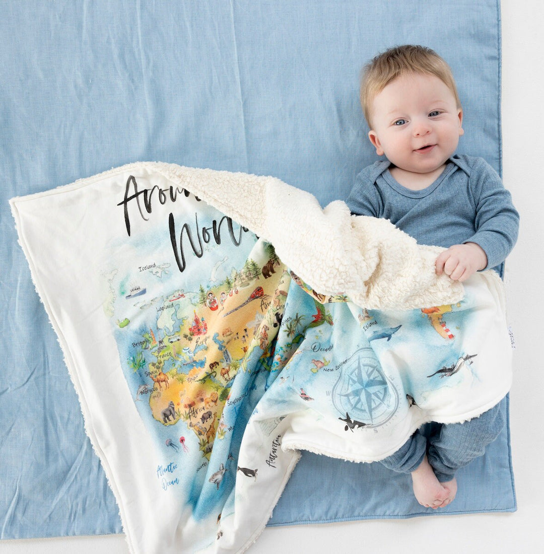 RTS Organic Sherpa Baby Blanket - Around the World - Neutral - Stroller, Crib, Cot Blanket, Handmade in Australia, 100% Organic, Ships NOW!