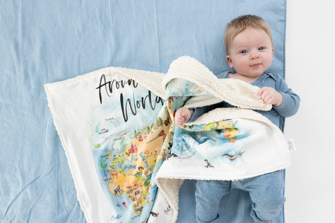 RTS Organic Sherpa Baby Blanket - Around the World - Neutral - Stroller, Crib, Cot Blanket, Handmade in Australia, 100% Organic, Ships NOW!