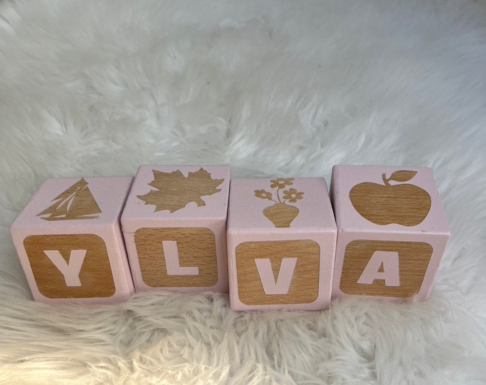 BEST SELLING Custom Personalised Wood Blocks - PICTURE MATCH - Wooden Toy - Hand Painted - Non Toxic - Personalized - Montessori - BLOCK Font