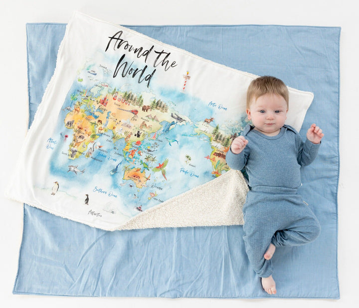 RTS Organic Sherpa Baby Blanket - Around the World - Neutral - Stroller, Crib, Cot Blanket, Handmade in Australia, 100% Organic, Ships NOW!