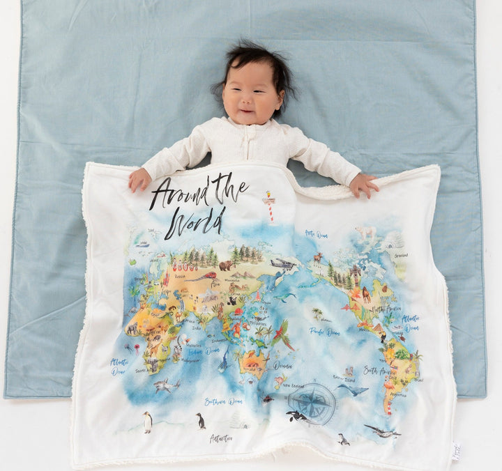 RTS Organic Sherpa Baby Blanket - Around the World - Neutral - Stroller, Crib, Cot Blanket, Handmade in Australia, 100% Organic, Ships NOW!