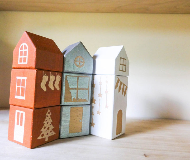 Christmas House Stacking Wooden Blocks - Custom Made - Wooden Toy - Hand Painted - Non Toxic - Personalized - Montessori - Australia - Xmas