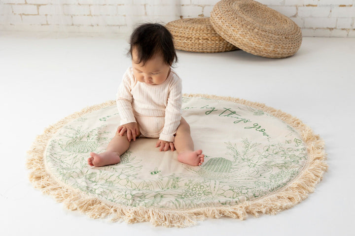 RTS Handmade Organic Play Mat - From Little Things Big Things Grow - Round, Circle - Neutral Nursery Decor - Padded - Baby Mat - GREEN