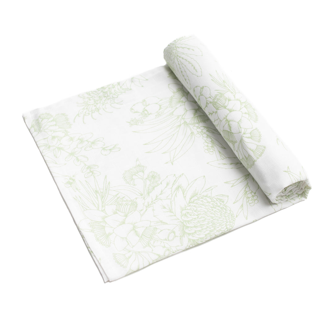 Organic Australian Native Botanical - Celadon Green- Swaddle Wrap Blanket - TWO sizes