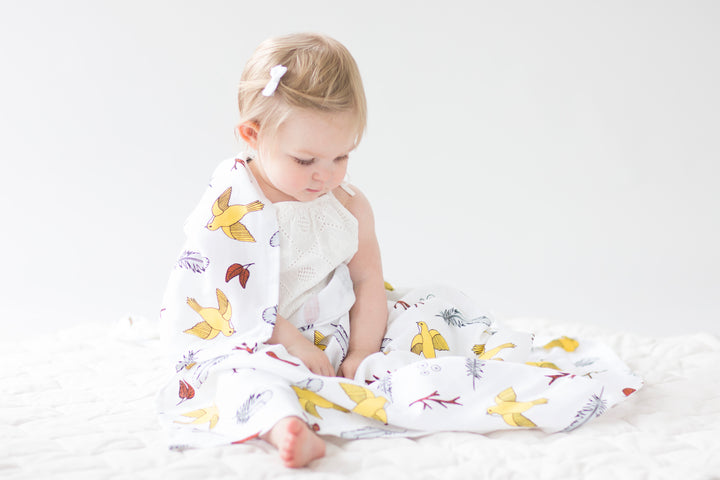 Organic Cotton Large Baby Muslin Wrap - Birds of a Feather - 120cm