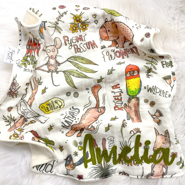 Handmade Organic Comforter Lovey - Can be Personalised - Aussie Animals - Organic Muslin and Sherpa