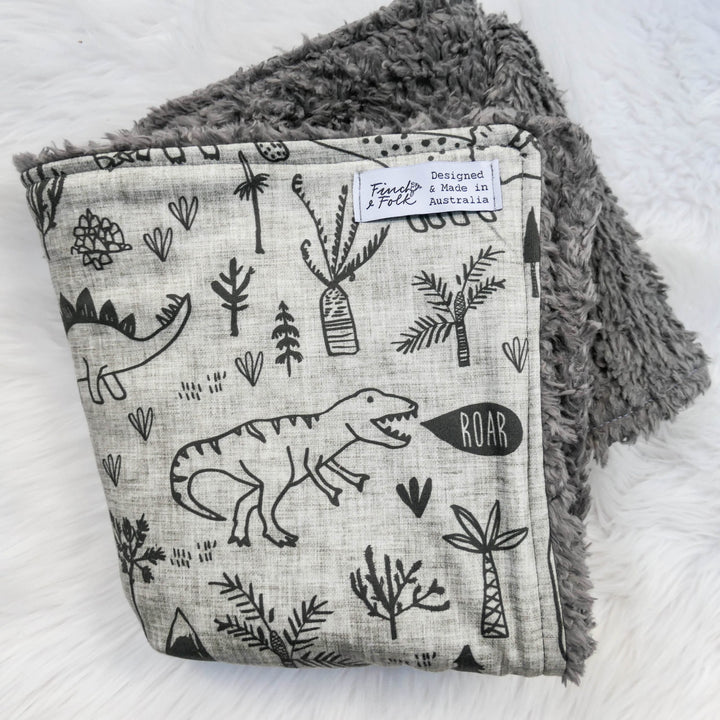 100% Organic Cotton Sherpa Knit Blanket - Grey Dinosaur - Handmade in Australia