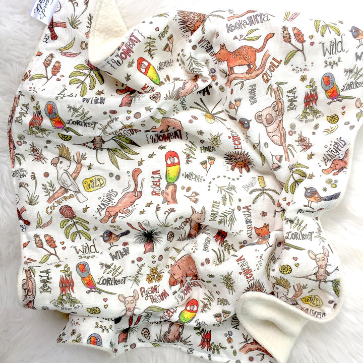 Handmade Organic Comforter Lovey - Can be Personalised - Aussie Animals - Organic Muslin and Sherpa