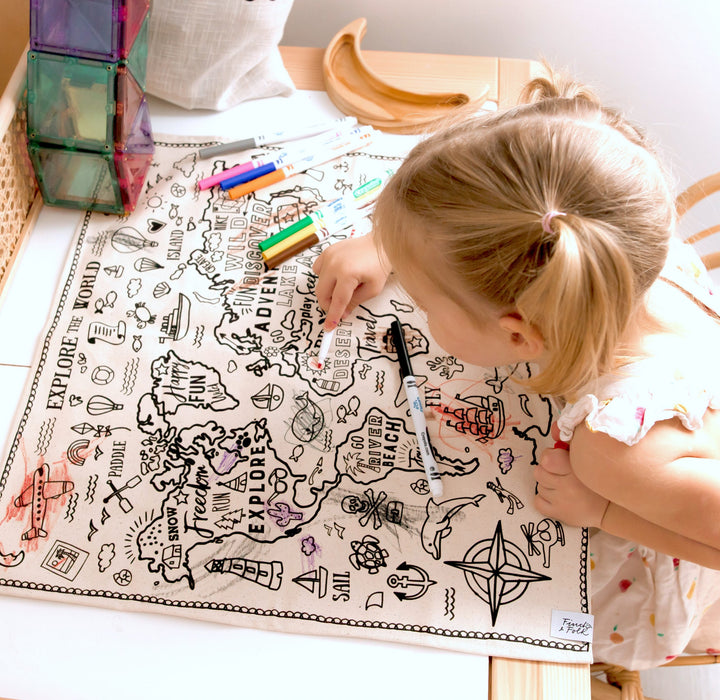 Fabric Colouring Cloth Mat - World Explorer - TWO Sizes - Wash and Use Again and Again !